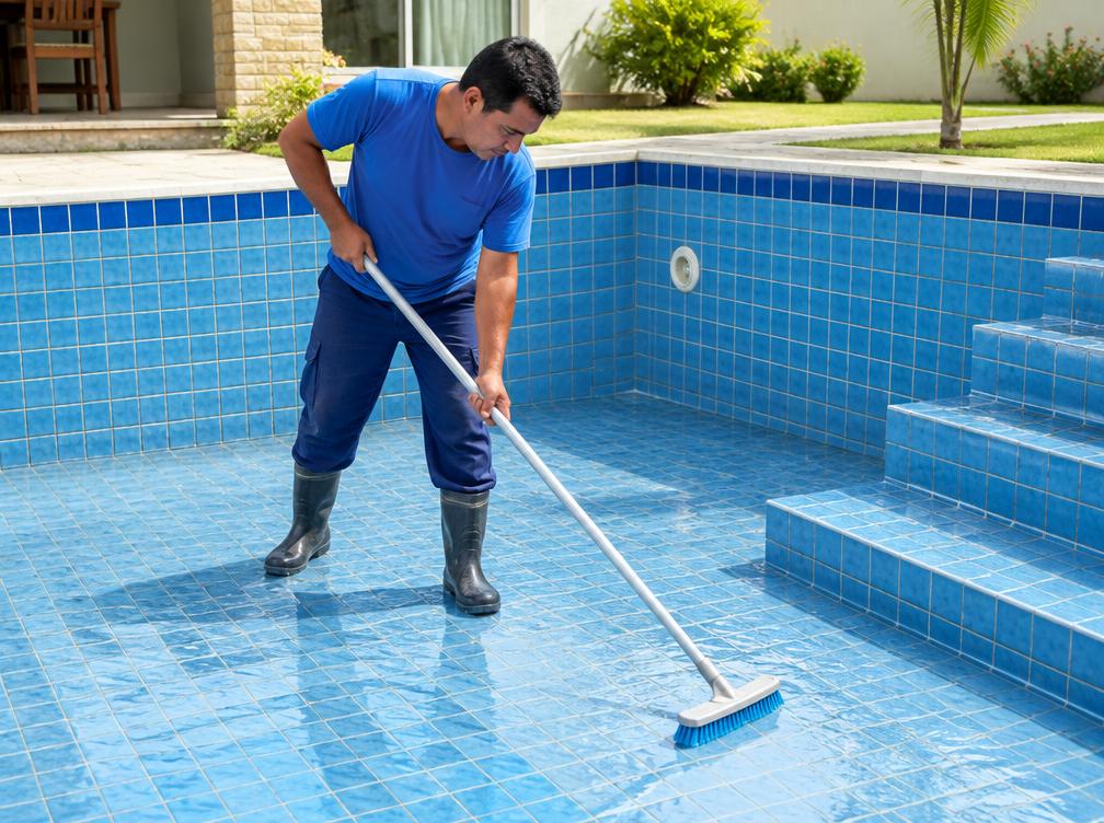 Profissional escovando o piso por dentro da piscina