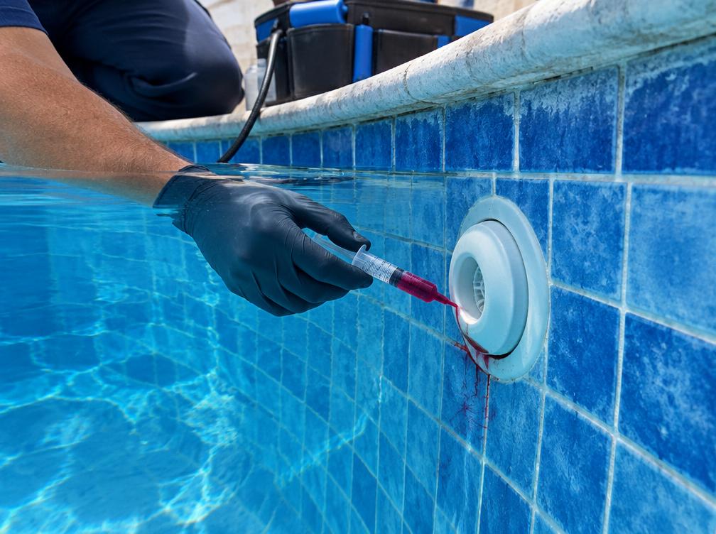 Teste com corante para localizar vazamento na piscina