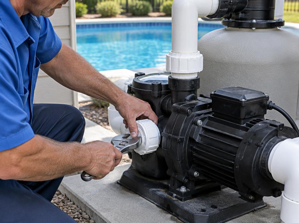 Profissional reparando a conexão da bomba da piscina